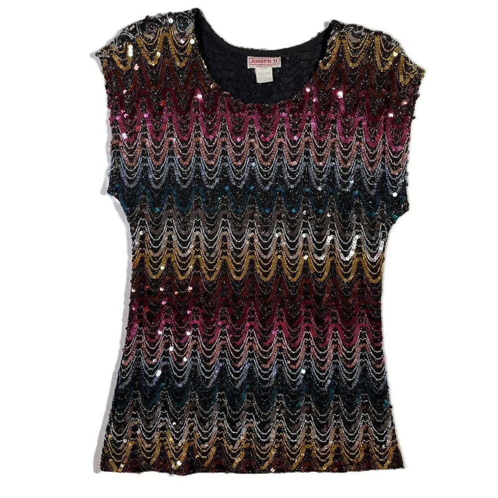 Joseph II 70s 80s Vintage Colorful Top Sequins Cap Sleeves Pink Blue Gold Size L